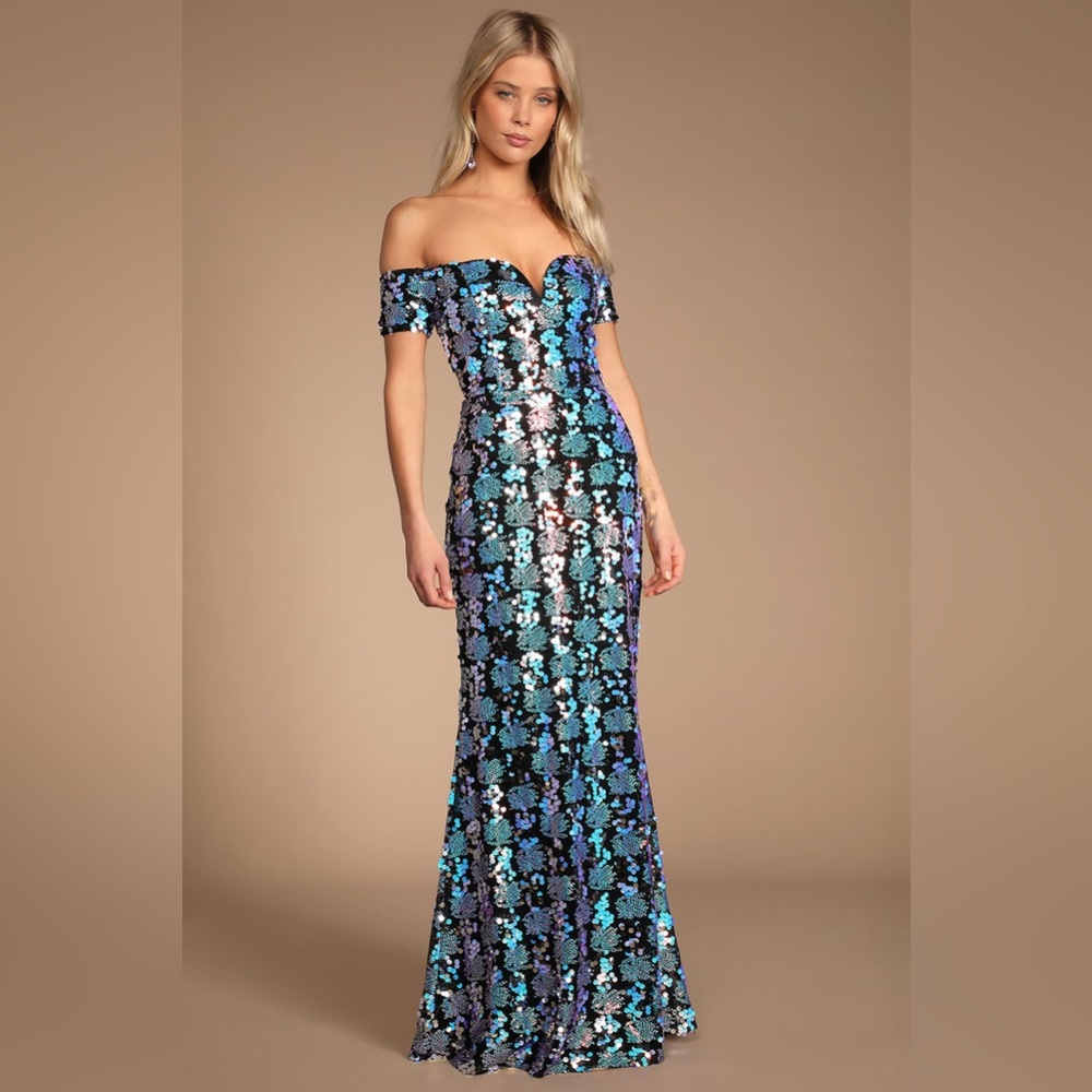 Lulu’s Give Me a Shine Black Sequin Off-the-Shoulder Maxi Dress SOLD OUT ONLINE